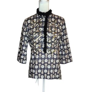 Figue Floral Block Print Top with Chevron Sequin and Eyelash Trim Detail XS
